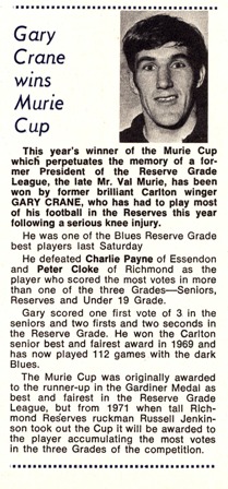 1972 - Gary Crane wins Murie Cup.