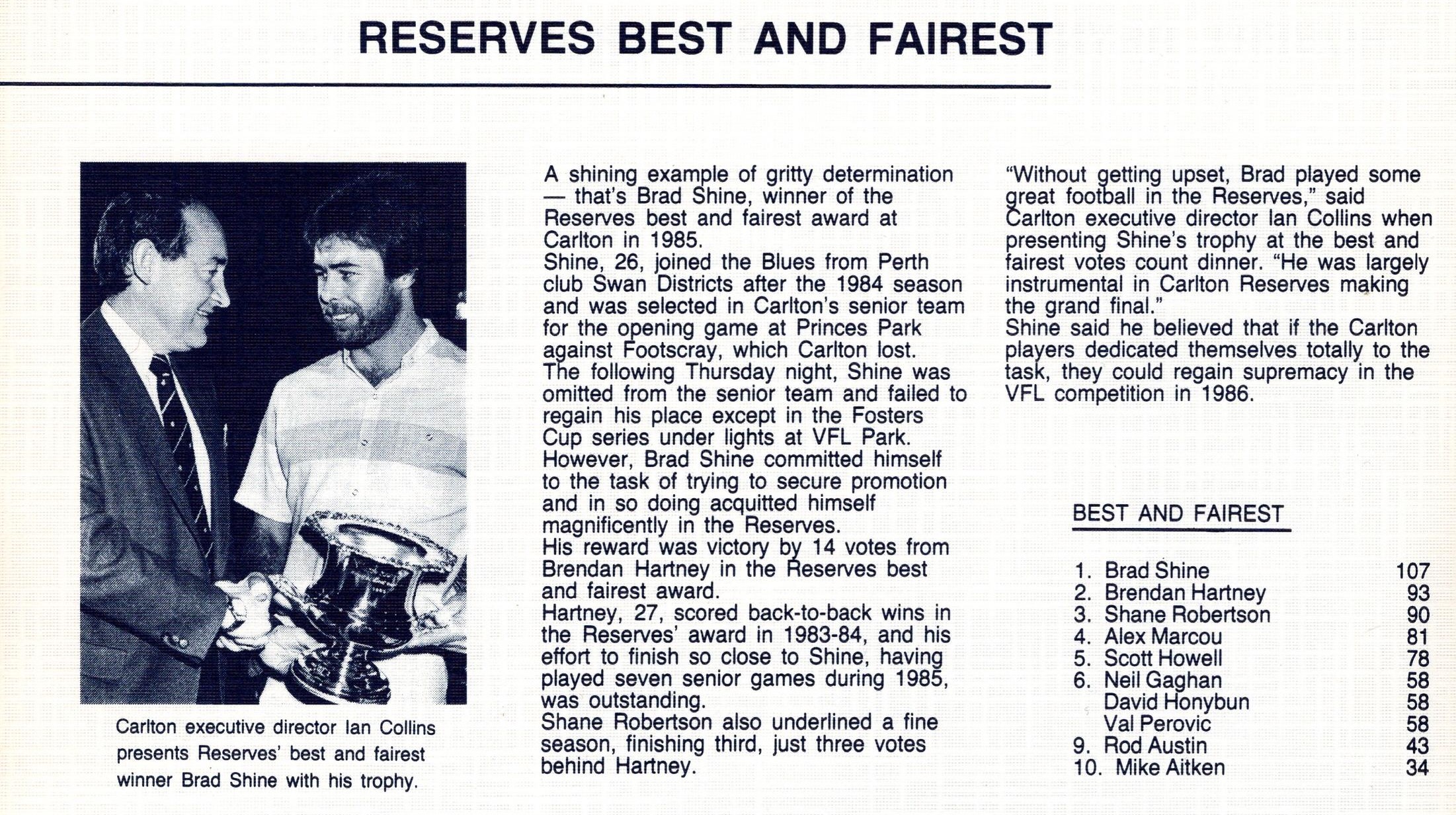 1985 Reserves Best and Fairest - Brad Shine