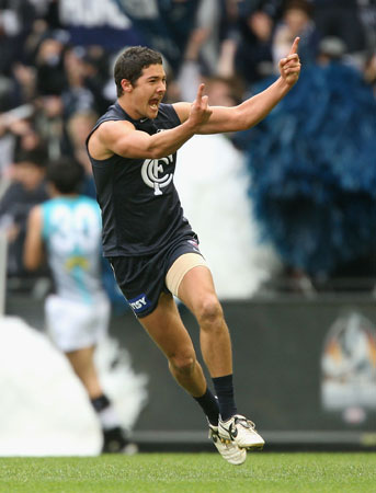 Shaun Grigg celebrating his goal against Port Adelaide in Round 19, 2008.