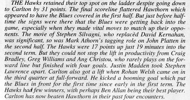 1993 Rd 18 - Match Summary Vs Hawthorn.