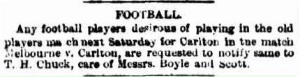 1881 Old Players Match advert.
Melbourne v Carlton MCG
Age October 05 p6