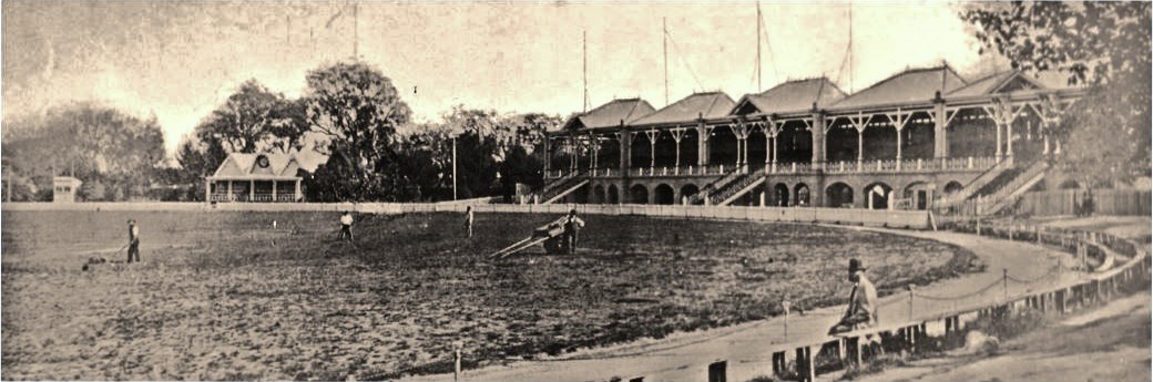 1876 MCG new reversible grandstand on the northern side, it was destroyed by fire in 1884.
MCC club rooms to the left. 
ESPNcricinfo