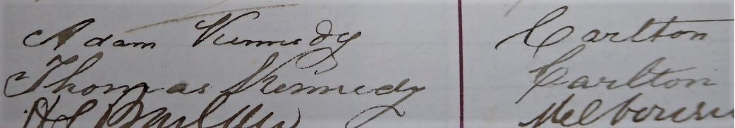 1878 Thomas Kennedy and Adam Kennedy signatures.
Both signed the petition presented to the Melbourne City Council calling on the council to provide a dedicated football ground for Carlton.