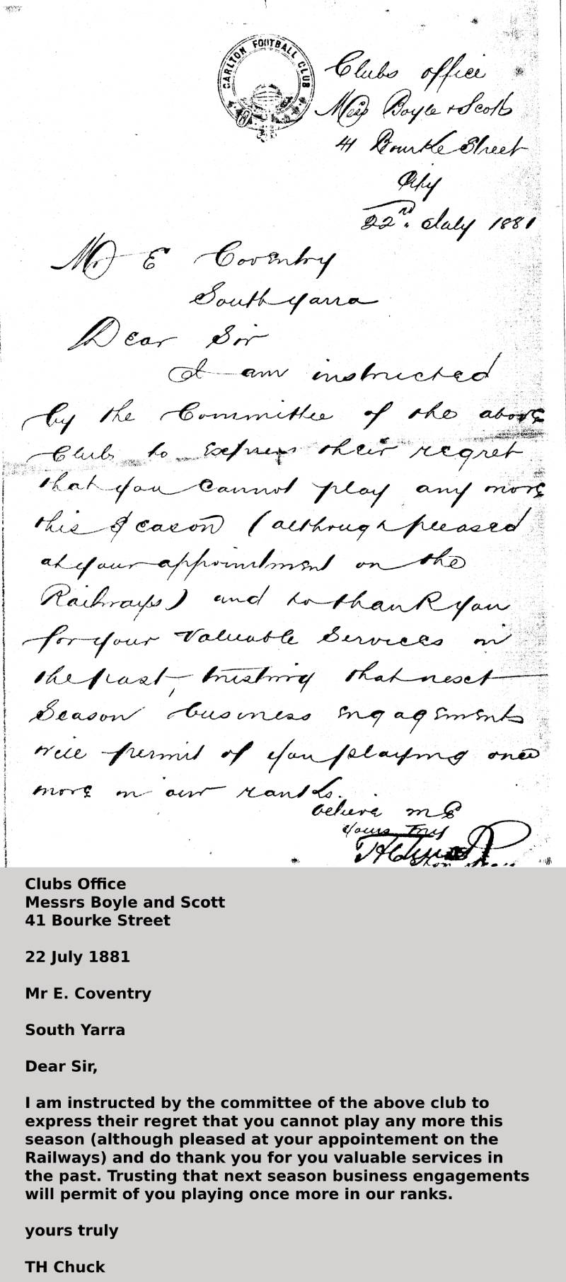 Image of the letter supplied courtesy of the family of E Coventry.