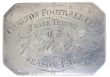 1868 Harry Guy silver belt buckle
Buckles were awarded to the five best Carlton players for that year..
Image: Abacus Auctions 2023