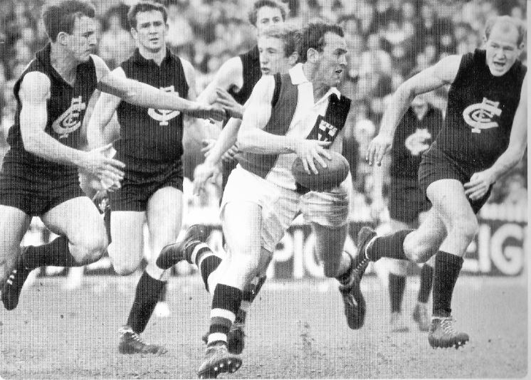 1967 Rnd 16 v St.Kilda PP L-R: Carlton's J. Lloyd, G. Collis, R. Walls, K. Hall, B. Gill, St. Kilda's A. Davis and I.Stewart with the ball.