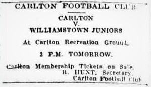 1920 Practice Match advert
v Williamstown Juniors Princes Park
Trove; Herald April 09 p2 