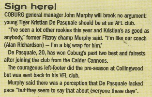 2001 - Snippet on Ex Blues Reserves player Kristian De Pasquale (11/07/01).