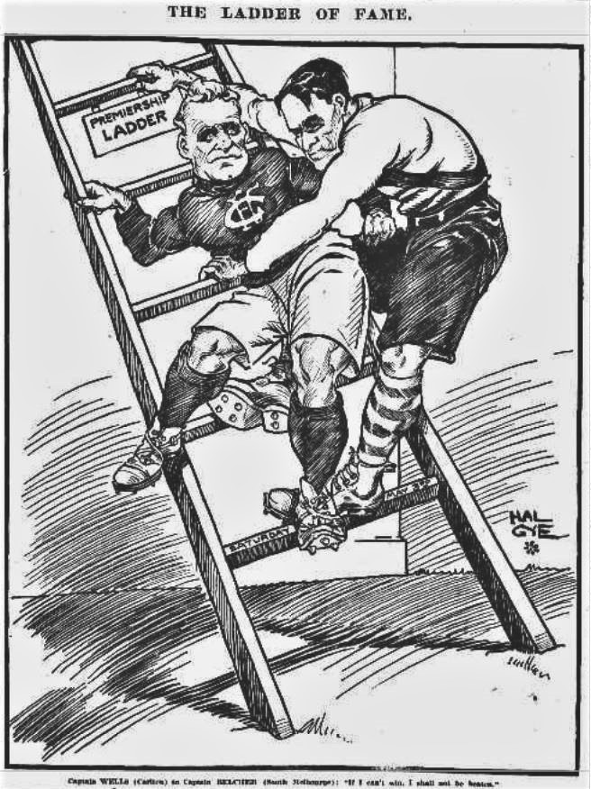 1913 cartoon Rnd 2 v South Melbourne
Caption: Captain Wells (Carl) to Capt. Belcher (S.Melb) 
" If I can't win, I shall not be beaten"
Herald May 09 p3