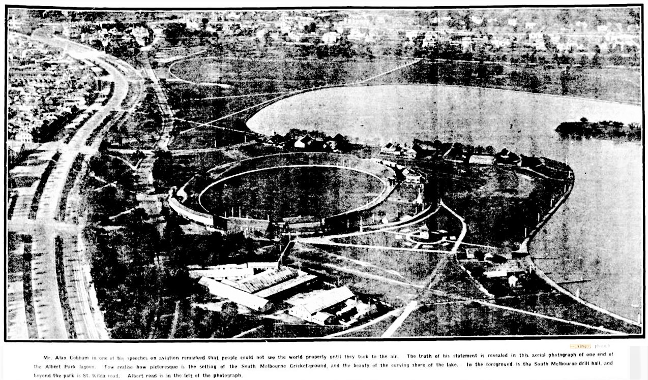 1926 Aerial photo of Lake Oval South Melbourne
Image adjusted.
Trove; Argus August 28 