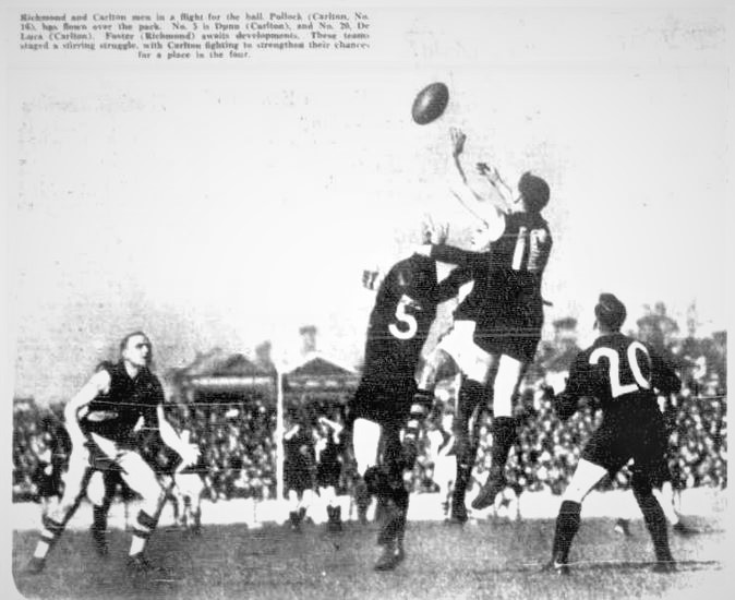 1934 Rnd 14 v Richmond at Princes Park
Ted Pollock (16) Keith Dunn (5) Alby De Luca (20)
Trove: SLV; Herald August 18 p8