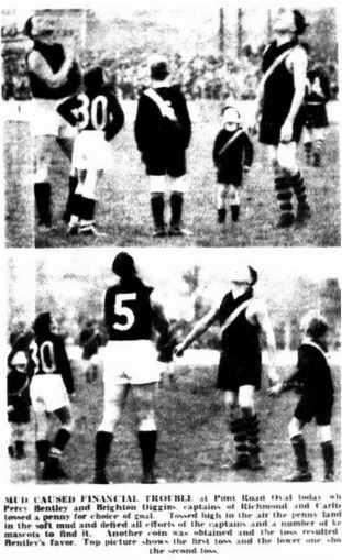 1939 Rnd 17 v Richmond  Punt Rd
Two tosses were required. Mascot is wearing the No. 30 of Albert 'Mick' Price who was not playing in the seniors this match.
Sporting Globe August 19 