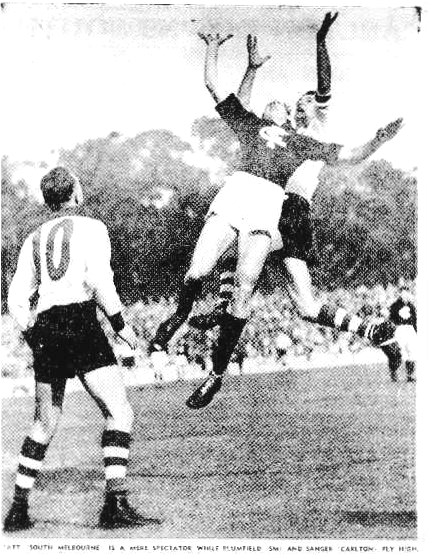 1946 Rnd1 v South Melbourne  
No.10 Bob Pratt (SM), Arthur Sanger, Blumfield (SM)
Trove; Argus April 23 p11