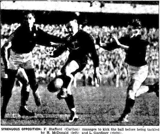 1947 Second Semi v Essendon
Fred Stafford
This is image is sometimes incorrectly labelled as from the G.F. 
Image: Trove; Argus September 15 p38