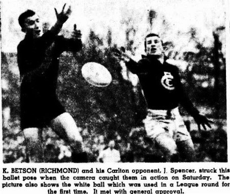 1952 Round 9 v Richmond 
J. Spencer,  first use of white ball
Trove; Age June 23 p12 