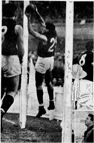 1958 Rnd 9 v Essendon 
George Ferry saves the match with a mark on the goal line. Essendon barrackers screamed for a goal but the goal umpire adjudicated that the ball had not completely crossed the line. Ferry marked with the scores level in the last quarter, the Blues won the game by a rushed behind moments before the siren.
Photo: Age June 10 