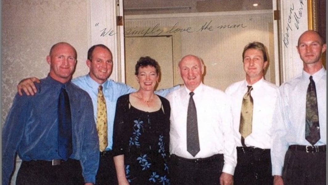 The Martyn siblings, pictured with their uncle Kevin O’Brien in Melbourne, on the occasion of Kevin’s 70th birthday in 2002 – from left to right Michael, Stephen, Rosemary, Kevin O’Brien, Peter and John. Caption penned across the top of the photograph reads: 'We simply love the man.'